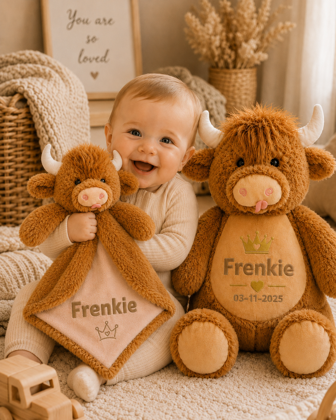 High Lander koe knuffelset met Naam - Knuffel & Knuffeldoekje