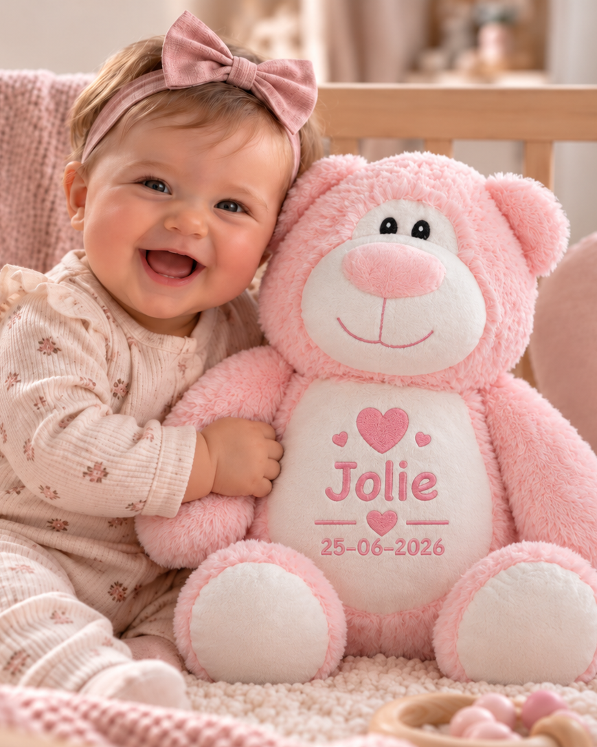 Roze Beer Knuffel met Naam – Geborduurd Baby- & Kraamcadeau