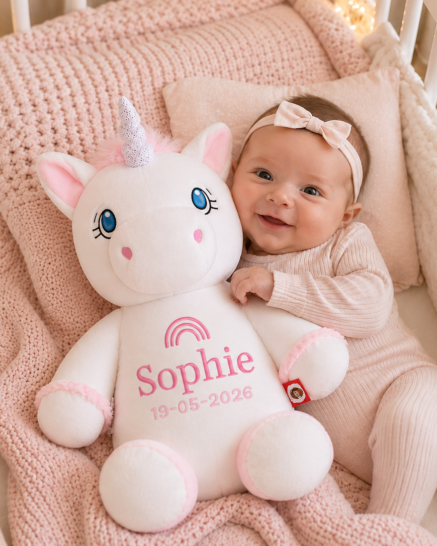 Witte Unicorn Knuffel met Naam – Geborduurd Baby- & Kraamcadeau