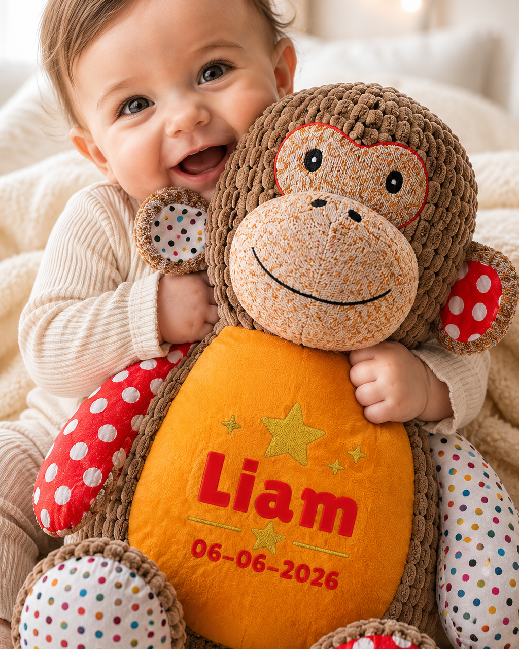 Harlekijn aap knuffel met naam geborduurd, gepersonaliseerd kraamcadeau voor baby jongen of meisje