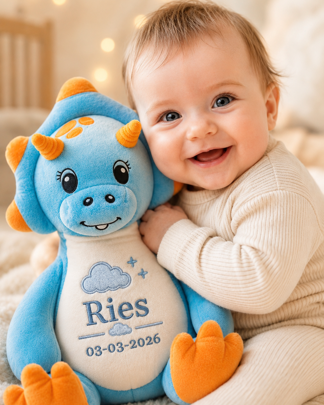 Dino knuffel met naam en geboortedatum, stoer babycadeau voor jongen