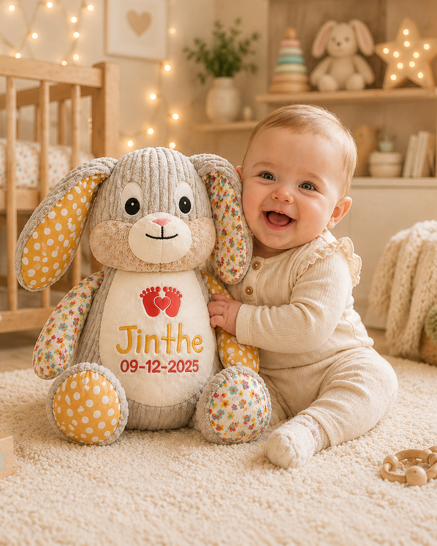 Gele Harlekijn Konijn Knuffel met Naam – Geborduurd Baby- & Kraamcadeau