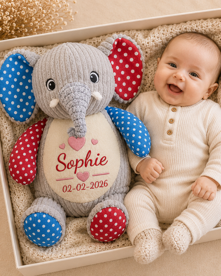 Harlekijn olifant knuffel met naam geborduurd, gepersonaliseerd kraamcadeau voor baby jongen of meisje