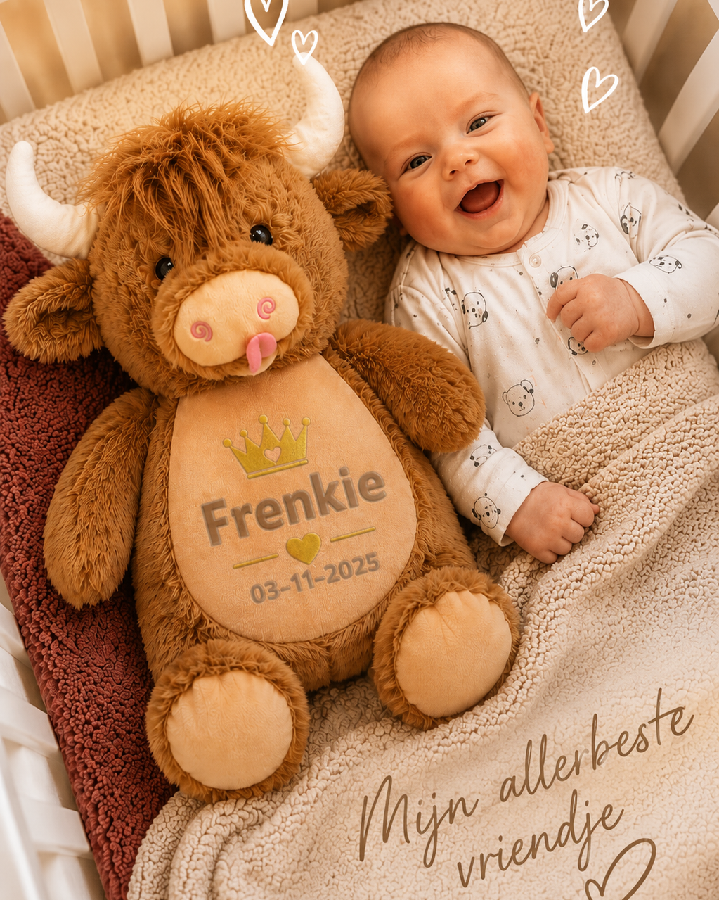Highlander koe knuffel met naam geborduurd, origineel gepersonaliseerd kraamcadeau voor baby