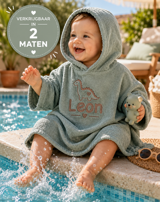 Stone green badponcho met naam - gepersonaliseerd kraamcadeau baby