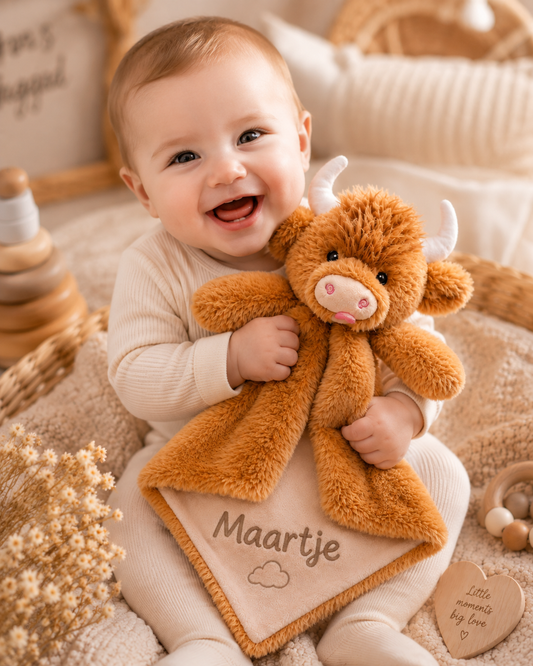 Hooglander Knuffeldoekje Naam – Geborduurd Baby- & Kraamcadeau