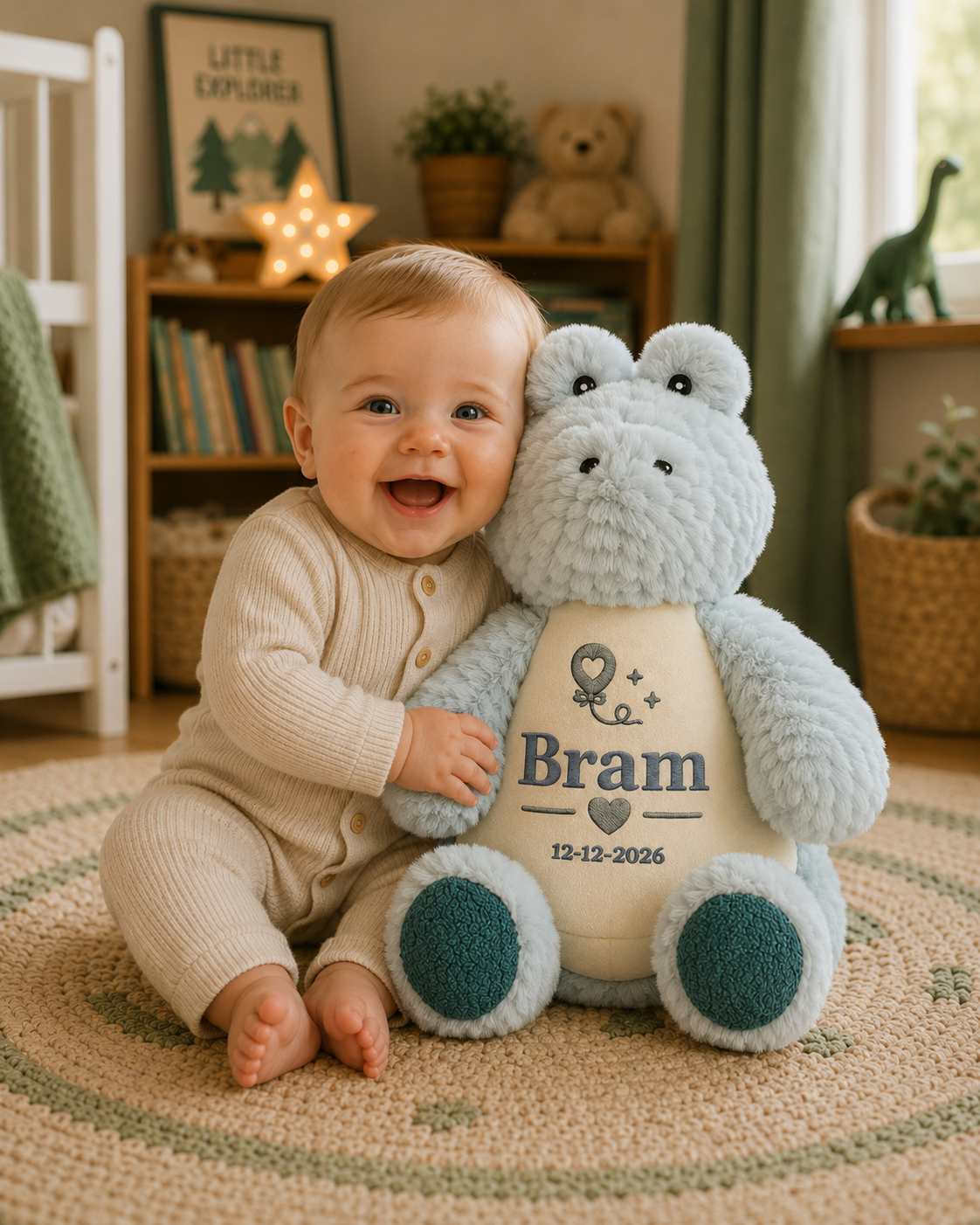 Krokodil knuffel met naam geborduurd, origineel gepersonaliseerd kraamcadeau voor baby