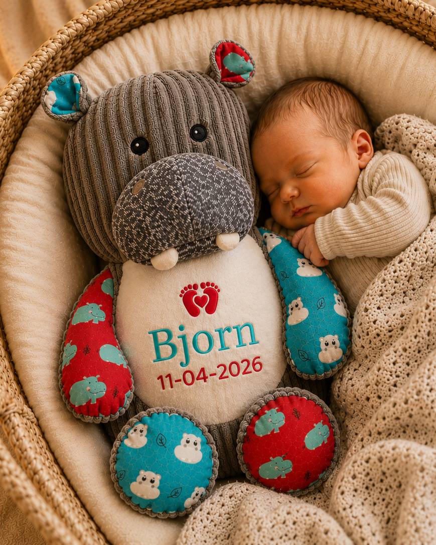 Nijlpaard Knuffel met Naam – Geborduurd Baby- & Kraamcadeau