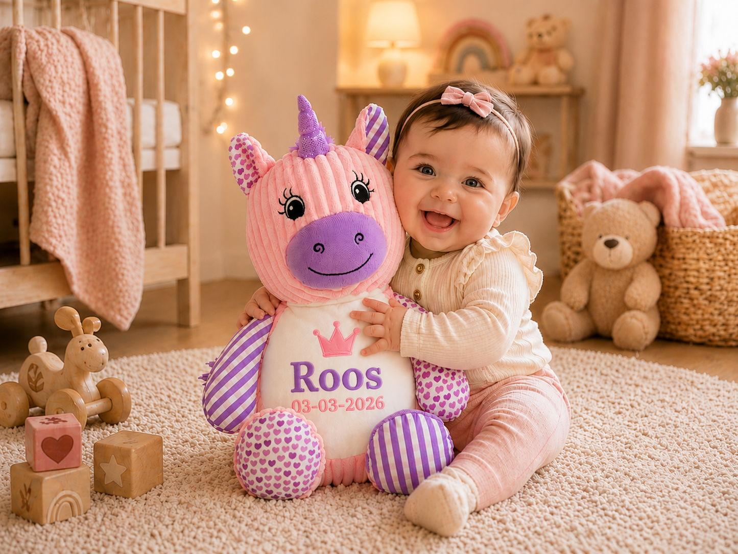 Roze Harlekijn Unicorn Knuffel met Naam