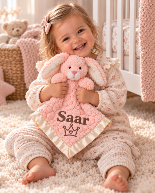 Blush konijn Knuffeldoekje Naam – Geborduurd Baby- & Kraamcadeau