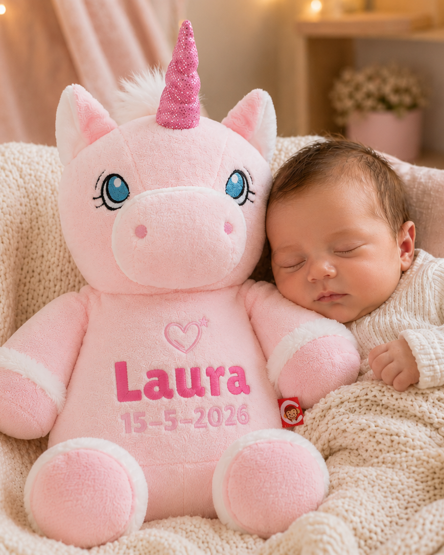 Roze Unicorn Knuffel met Naam – Geborduurd Baby- & Kraamcadeau