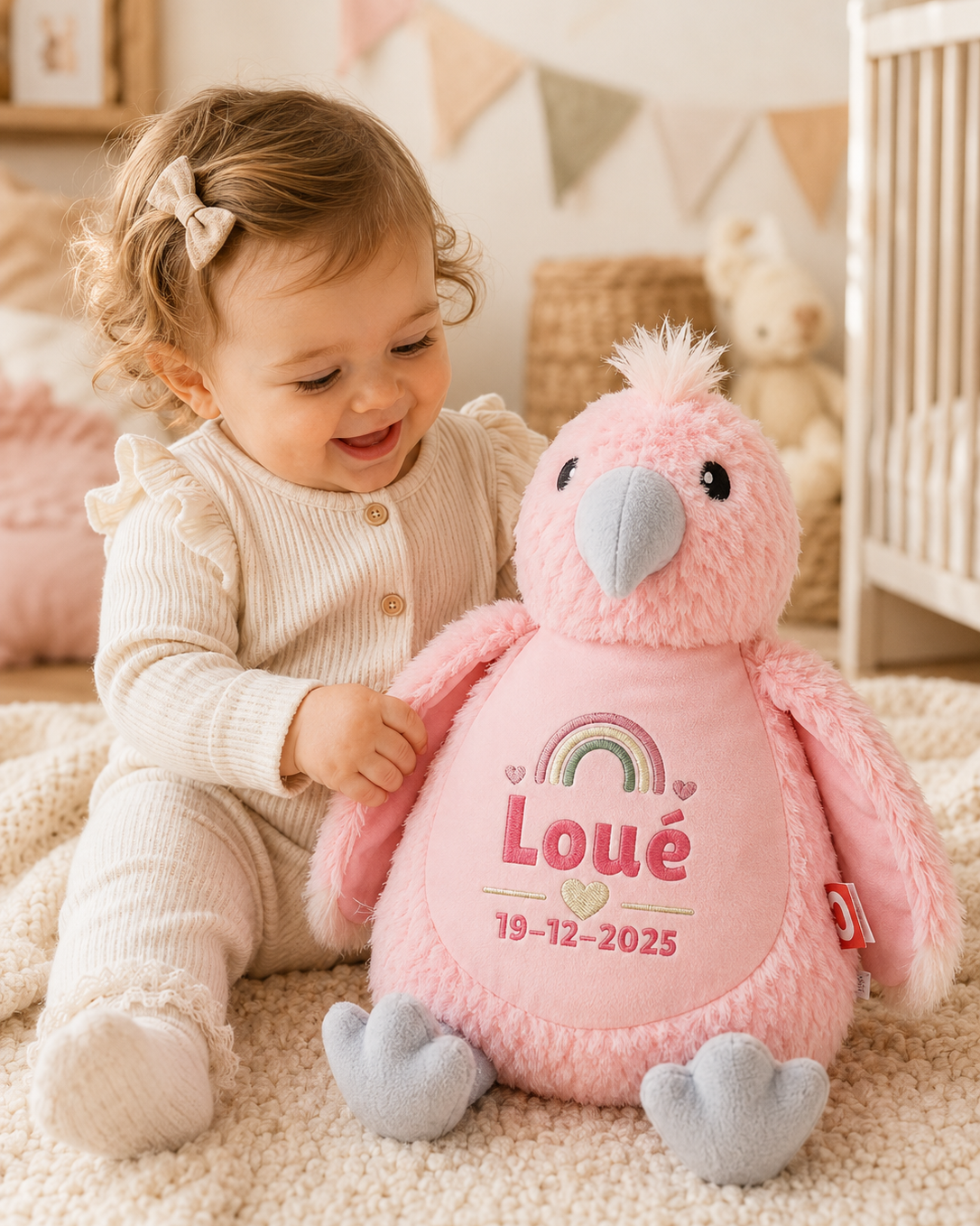 Roze vogel knuffel met naam geborduurd, gepersonaliseerd kraamcadeau voor baby