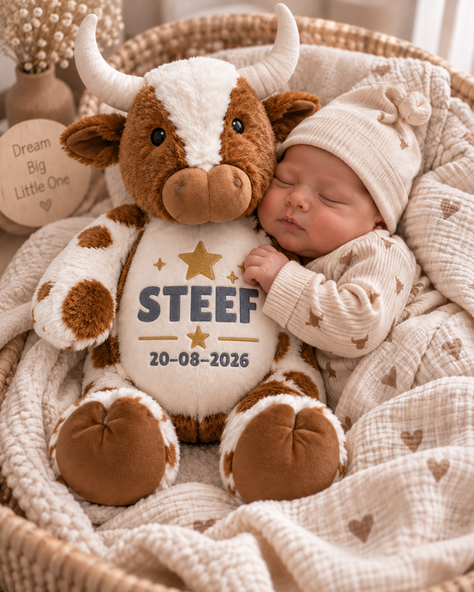 Texas Longhorn Knuffel met Naam – Geborduurd Baby- & Kraamcadeau