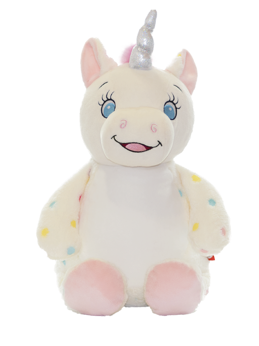 Gepersonaliseerde Witte Gestippelde Unicorn Knuffel met Naam – Geborduurd