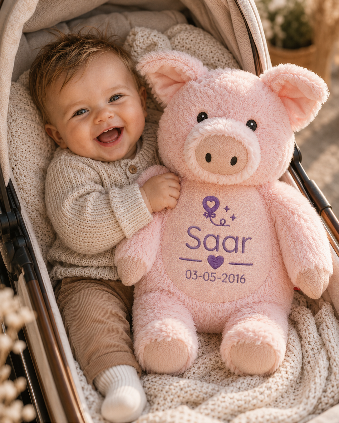 Varken knuffel met naam geborduurd, origineel gepersonaliseerd kraamcadeau voor baby