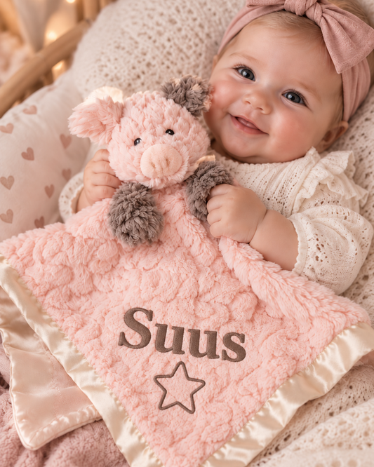 Varkentje Knuffeldoekje Naam – Geborduurd Baby- & Kraamcadeau